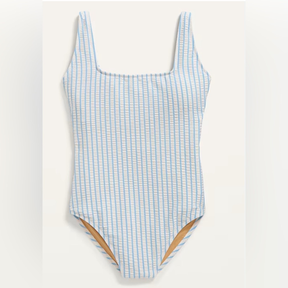 COPY - Square-Neck Striped Seersucker One-Piece Swimsuit